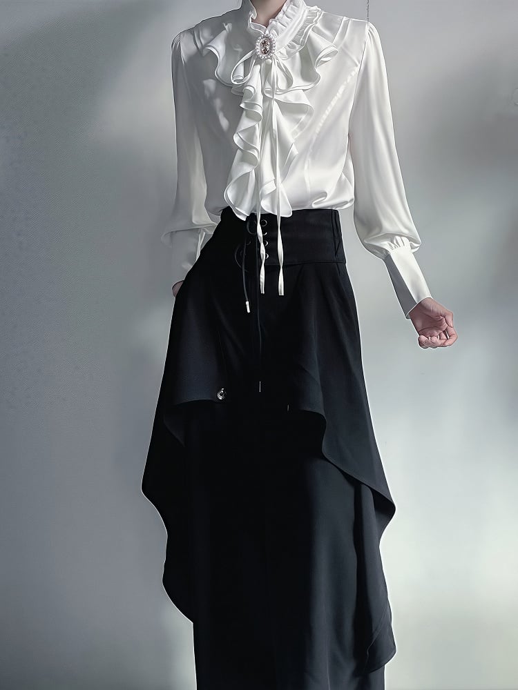 Outfit - Black Built-in Pants Jabot with + White Princecore Collar Design Blouse Corset Wide-leg