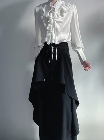 Outfit - Black Built-in Pants Jabot with + White Princecore Collar Design Blouse Corset Wide-leg