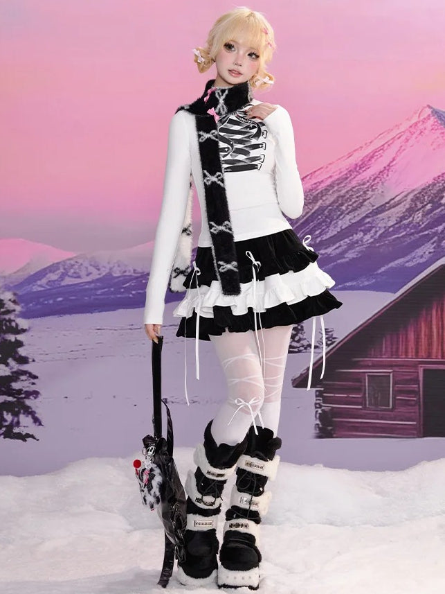 White Bow Lace-Up Print High Neck Long-Sleeve Top
