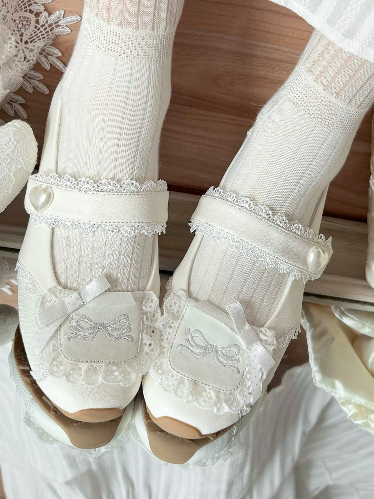 Heart-Adorned Bow Velcro Trim Sweet - Details Flat Lolita Lace Straps White Shoes