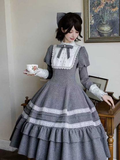 Dress Long Juliette Version Gray Lolita Sleeves with Flounce Details Elegant Ruffle