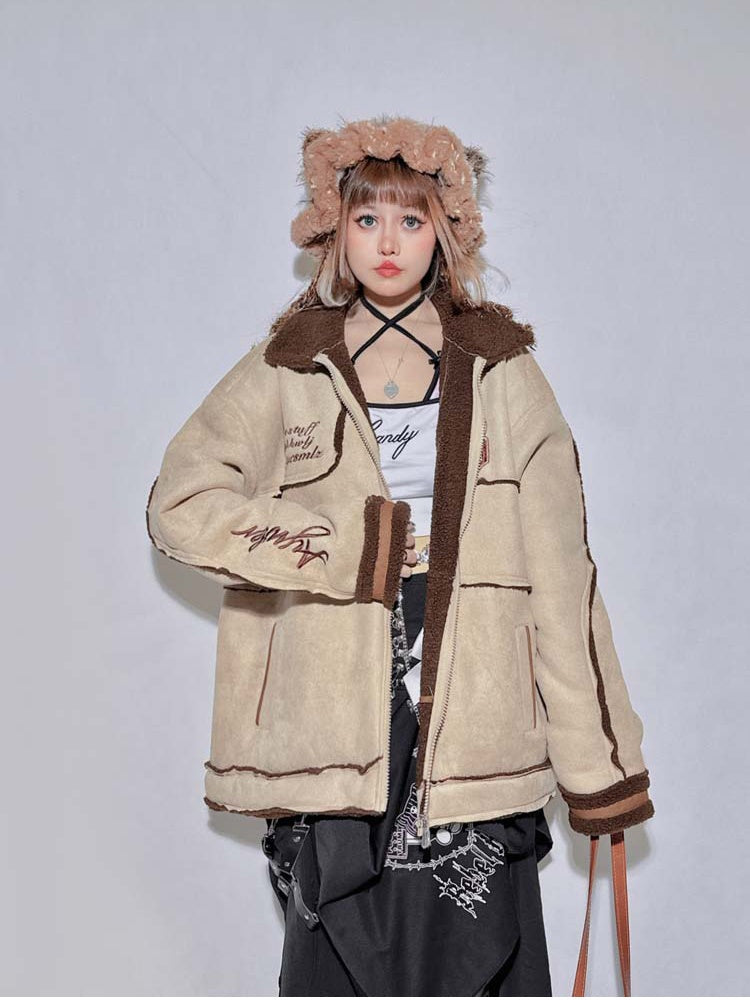 Khaki Letter Contrast Trim Oversized Jacket
