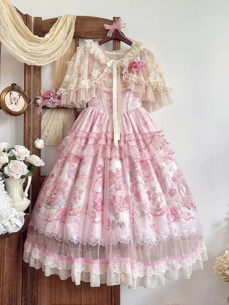 Pink Deer & Floral Print Flutter Sleeves Sweet Lolita JSK Dress with Overlay - Honey Machine