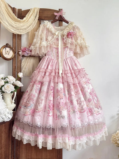 Pink Deer & Floral Print Flutter Sleeves Sweet Lolita JSK Dress with Overlay - Honey Machine