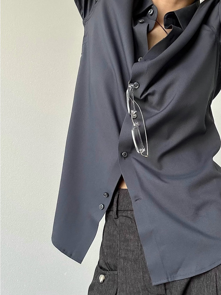 Long Button Cuffs Ouji Shirt Pointed Flat Gray Sleeve Modal Lolita with Dark Collar Unisex