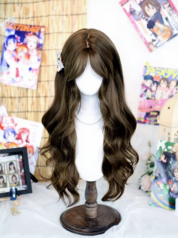 Gray Brown 70cm Wavy Curly Wig Curtain Bangs - Dalao Home