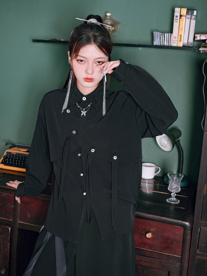 Shirt Patchwork Cheongsam Crow Gothic Asymmetric Faux Embroidery Two-Piece with Black
