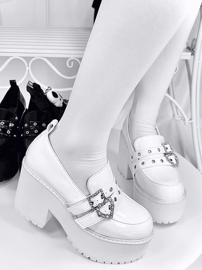 Polished Crystal Heels 10cm Heel - Jirai Kei with Platform Shoes Buckles Chunky White