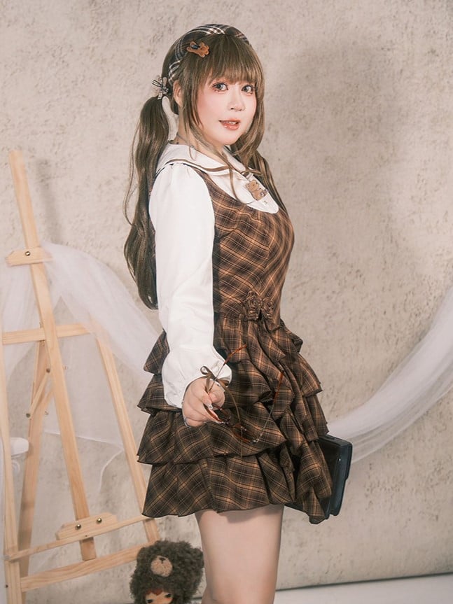 Detachable Preppy with Plaid Dress Plus Roses Brown Size Sailor Tiered Collar