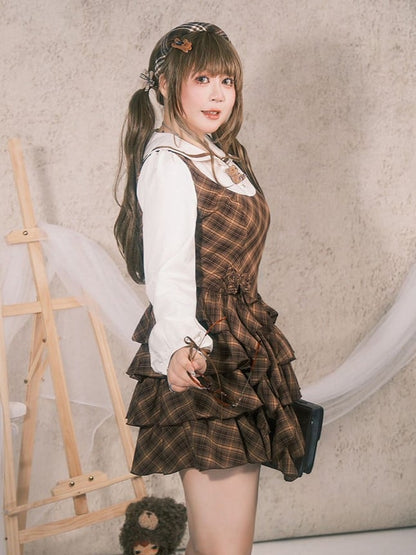 Detachable Preppy with Plaid Dress Plus Roses Brown Size Sailor Tiered Collar