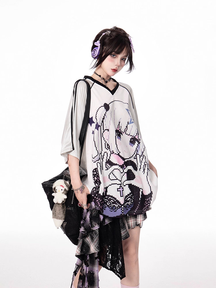 Cartoon Girl Print Black/Blue/Purple T-shirt Vintage V-neck Loose