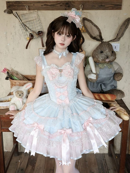 Blue & Pink Layered Lace Lolita JSK with Pearls - Miss Han