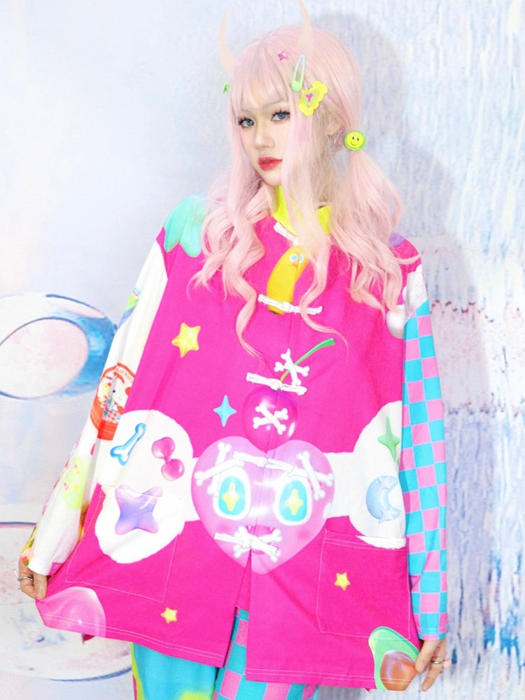 Bone Star 6 Shirt Print Y2K Checked Pattern And Colorful Heart