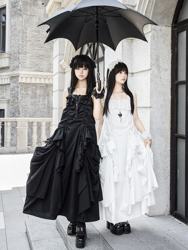 ドレス ルーズ ホワイト ゴス フリル デザイン ドローストリング カスケード