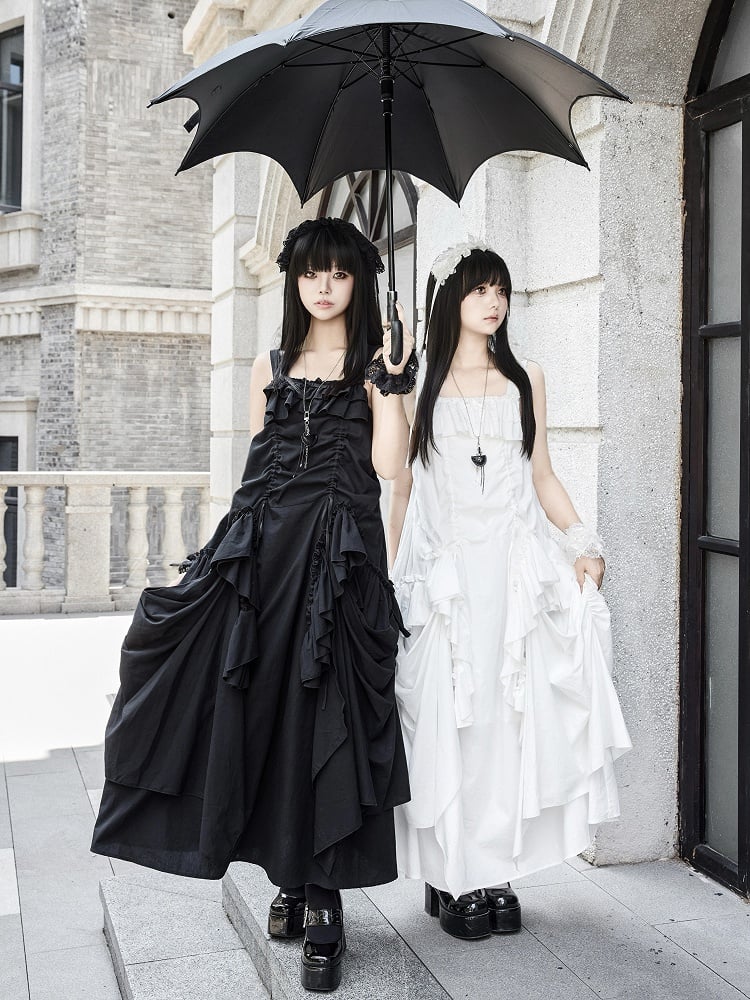 Kleid Lockeres Design Schwarze Rüschen Kordelzug Goth Cascading