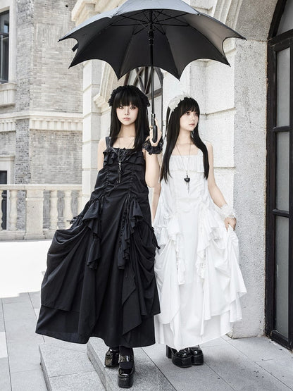 Loose Drawstring Ruffles Scarf Dress Necklace Cascading Design + Goth Black