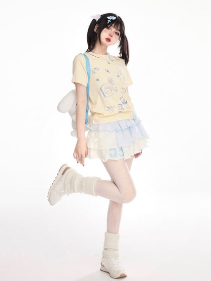 ウエストバンドブルーミニとホワイトウエストポイントカラーブロックティアードデザインスカート