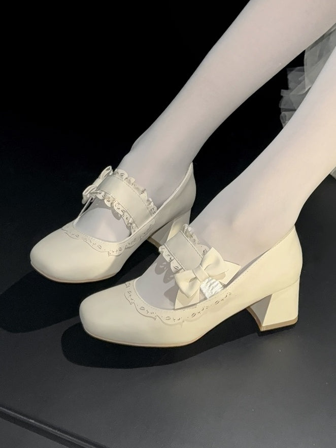 Block Scalloped Apricot Lolita Decor with Design Janes Heel - Details High Bow Mary Slip-On Trim