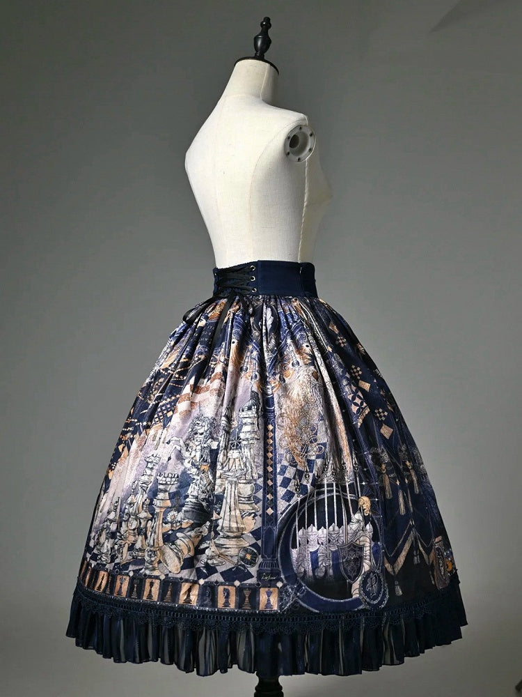Dark Blue Corset Belt Waist Chess Print Lolita Skirt