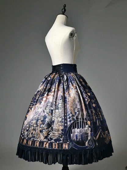 Dark Blue Corset Belt Waist Chess Print Lolita Skirt