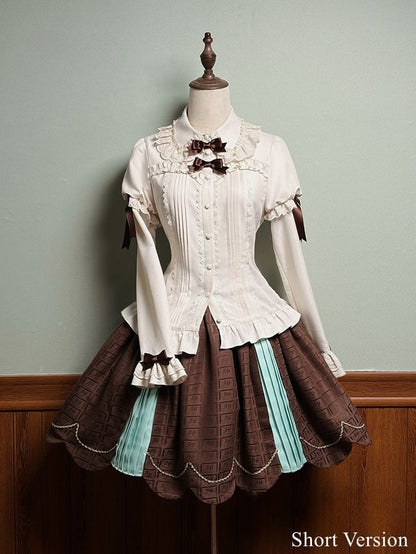 Chocolate with Scalloped Trim Green Pleating Mint Sweet Details Skirt Edge Lolita