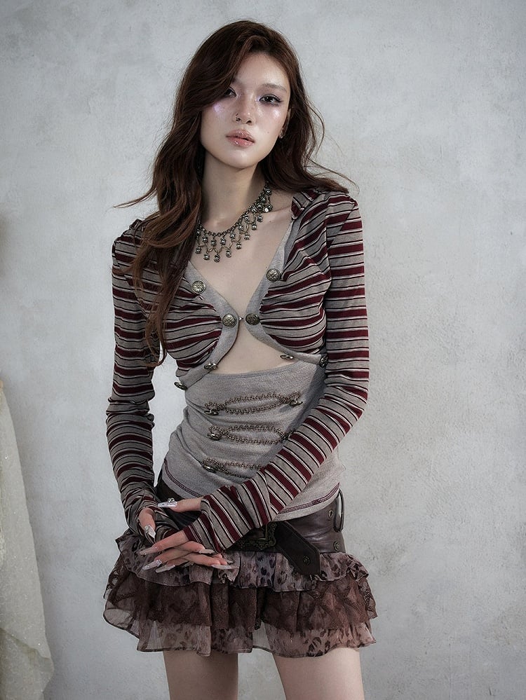 Red & Brown Striped V-Neck Hooded Knit Top with Long Sleeves & Faux Two-Piece Punk Style - NO ROMANCE
