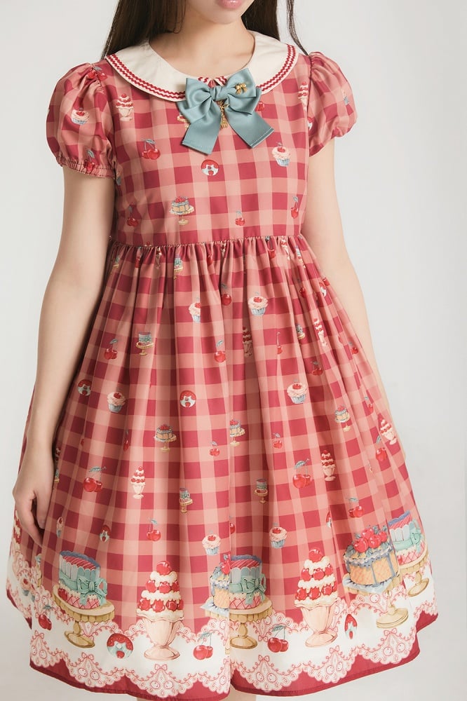 Rotes, hoch tailliertes Lolita-Kleid mit Kirsch- und Dessert-Gingham-Muster