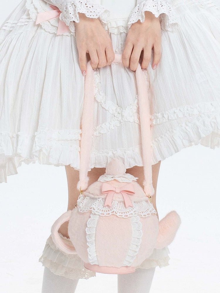 トリムスイートレースのプラッシュ装飾ロリータ蝶結びストロベリーハンド/クロスボディバッグとピンクのティーポット