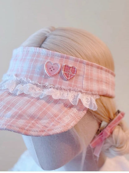 Lace Heart Cap Buttons Visor Pink and Plaid Adorned with