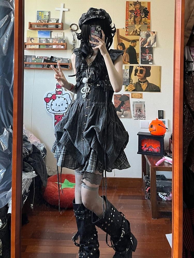 Dark Gray Plaid Fake Two-Piece Sleeveless Bubble Dress - Blazed Field
