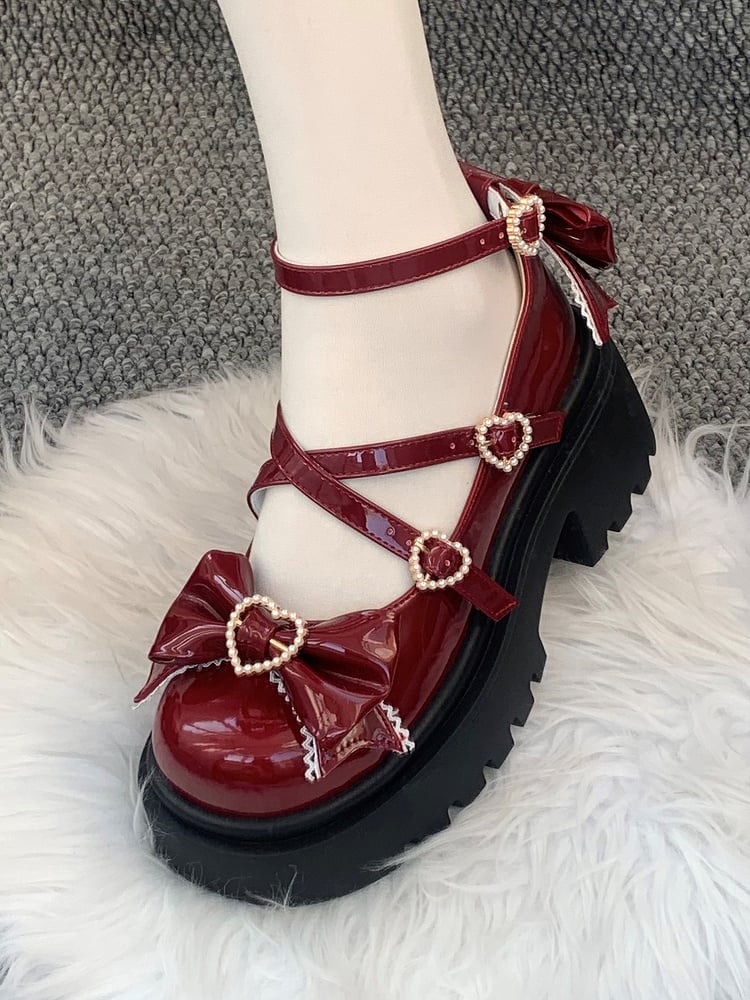 Sweet Jane PU Mary Wine Fastening Bow Red Snap Lolita Embellishments with Shoes Heart