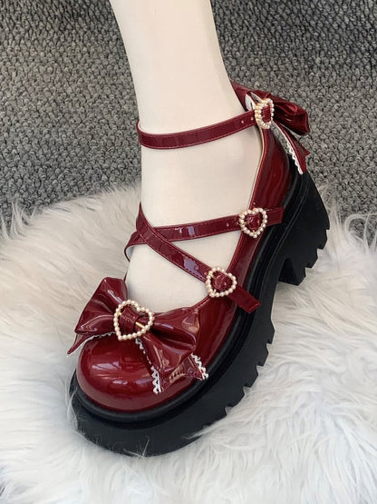 Sweet Jane PU Mary Wine Fastening Bow Red Snap Lolita Embellishments with Shoes Heart