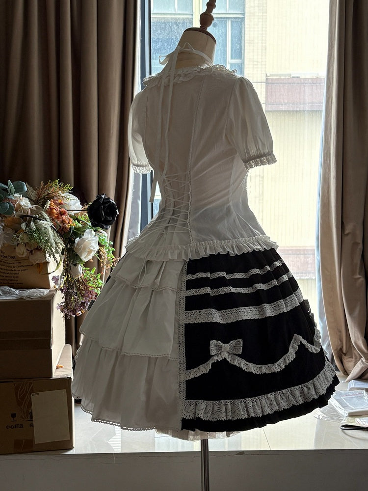 Black & White Bow Lace-Trimmed Skirt - Hana Studio