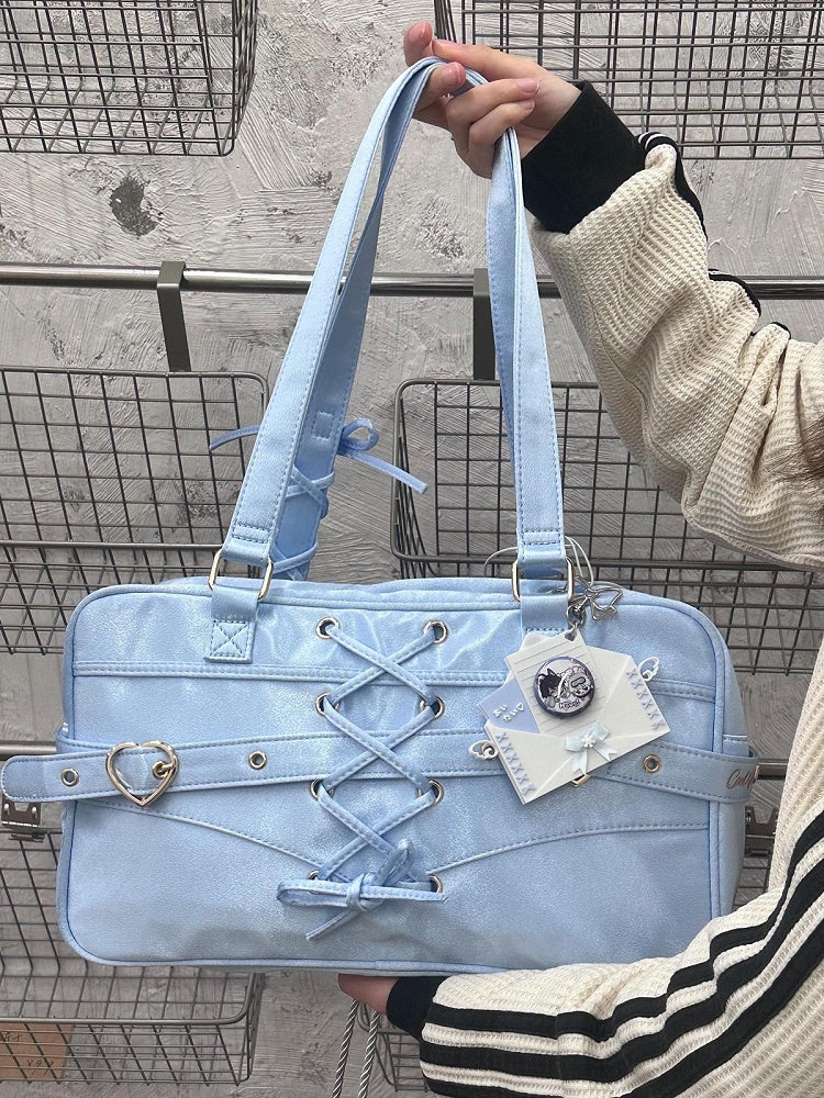 Kawaii Light Blue Satin Ita Bag with Lace-up Bowknot and Heart Buckle - Morning Glory