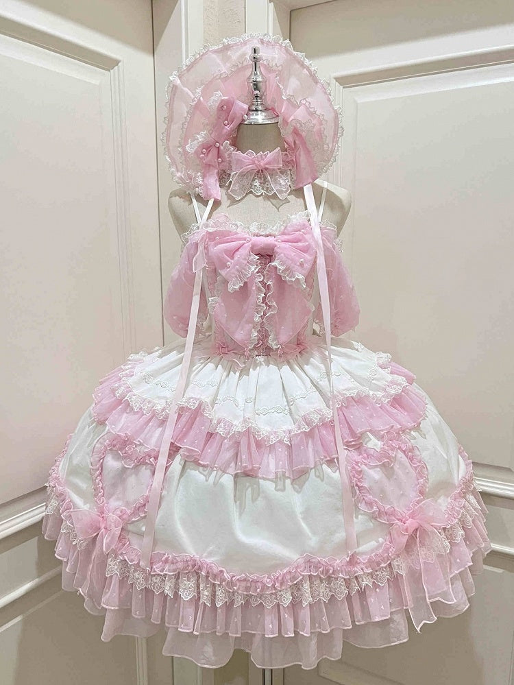 Robe Lolita Princesse Rose et Blanche à Grand Noeud Papillon et Manches Bouffantes