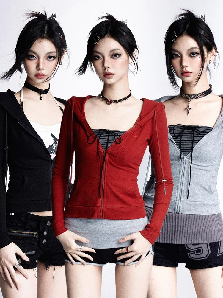 Slim-fitting Hooded Black/Gray/Red Top Zip Closure