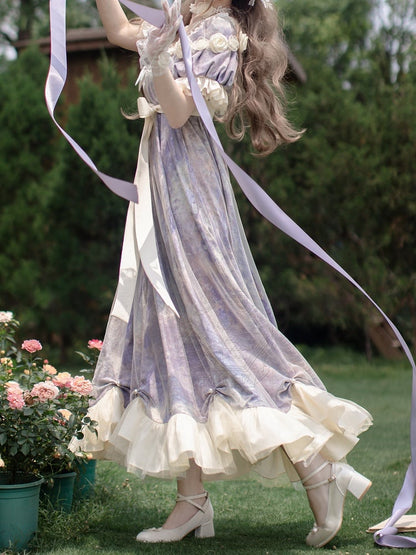 Klassisches Empire Maxi-Stück Lila Lolita Öl Eine Elegante Taille Malerei Kleid Druck