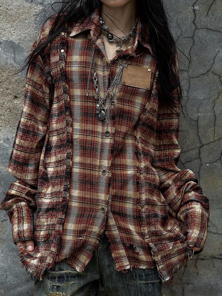 Punk Cotton-linen Red-brown Handcrafted Plaid Tie-dye Shirt
