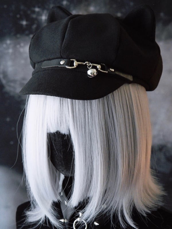 Gothic Hat Cat Black Buckle Design Ear Charm Beret Bell