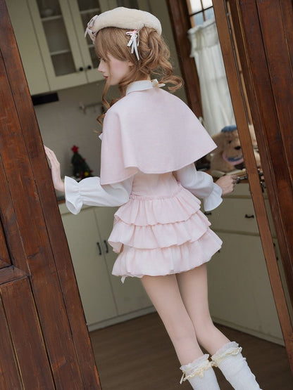 Style Two-Piece Pink Cape Ruffled Bow Jirai + Kei Design Pure Fake Dress