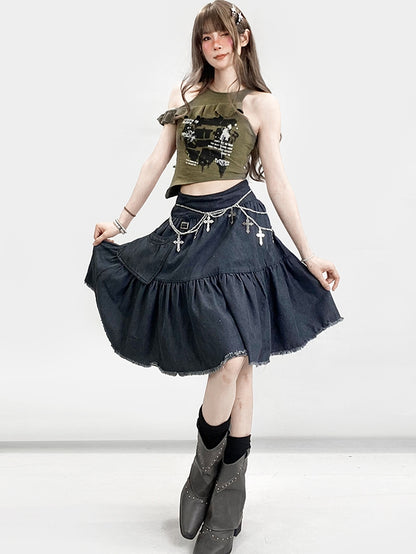 Saum Roh Bittersüß Verziert Grau Detail Dunkle Tasche Rock