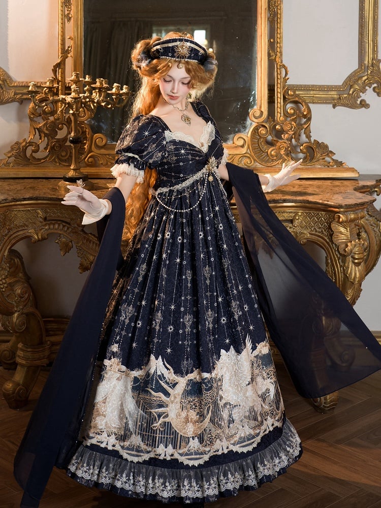 Kleid Empire Print Kette Taille Einhorn mit Perlen Sternen Lolita Blau Dunkel Nacht