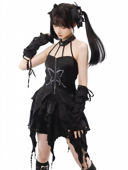 Kurzes Top + Schnürset, unregelmäßiger Aufdruck, schwarzes Neckholder-Top + Schmetterlingsärmel