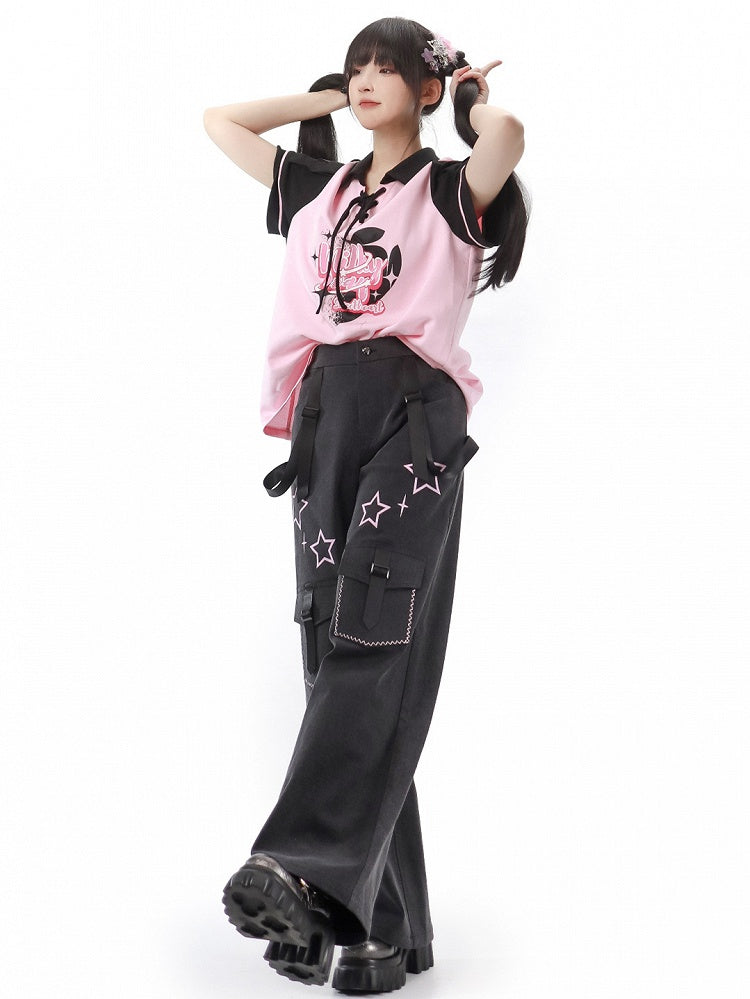 Pink Detail Black Lace-up T-shirt and Graphic