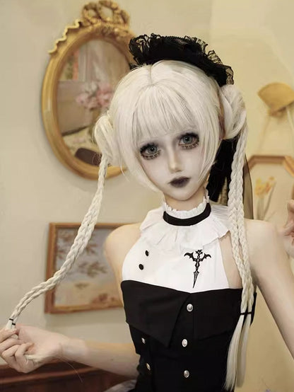 クリップ2つ付きホワイトボブウィッグ編み込みクローポニーテールカット