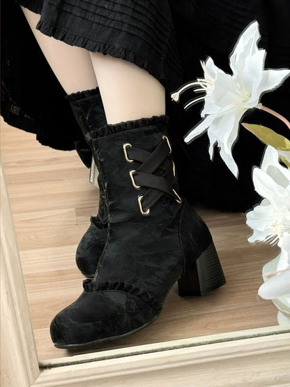 Details - Black Mid-heel the Valley Boots Lily of Trim Bow with Ruffle Detachable Crisscross
