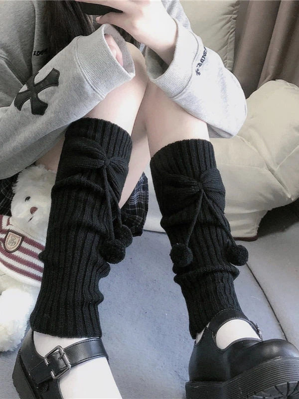 Pink Knit Pom-Pom Bow Colors: Leg Ribbed (3 Warmers