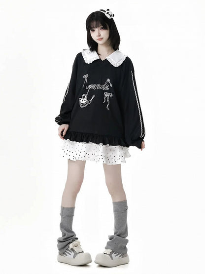 Short/Long Top Sleeves Panda Dessert Print Ruffled Pointed Flat Collar Ruffled Hem Black