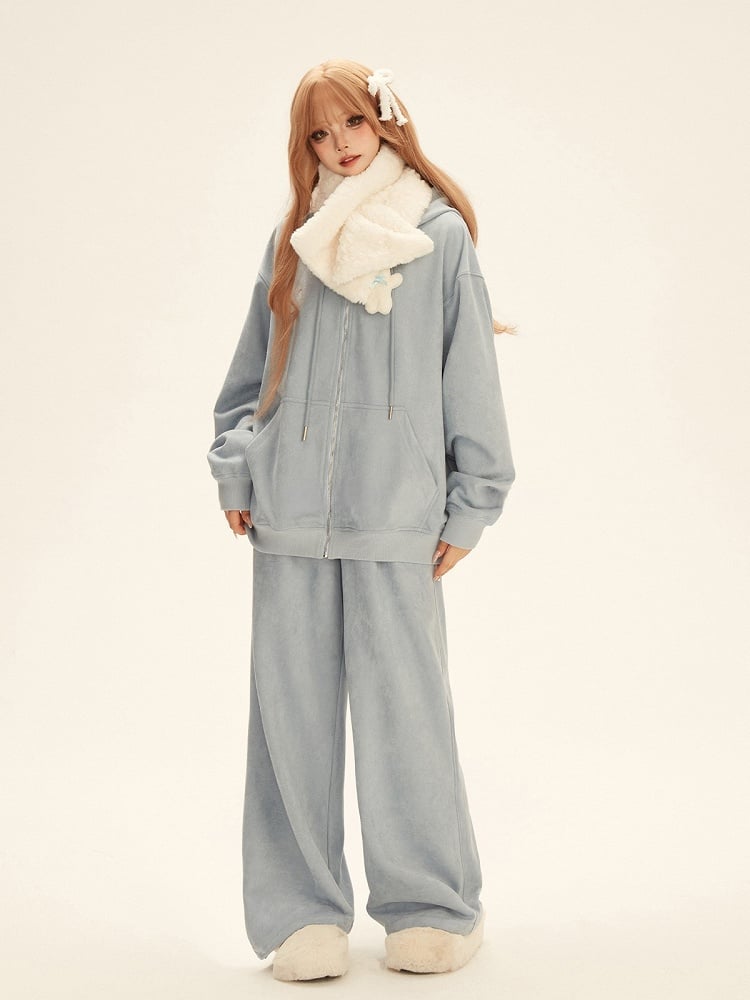 Chest Hooded Jacket Bear White Set Blue Sweatpants Details with Toy Drawstring