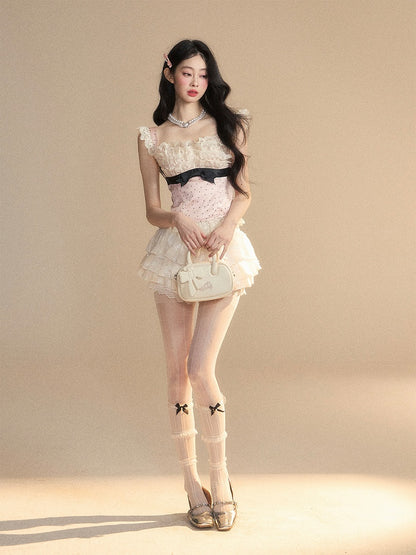 Glamorous Rosa Polka-Dot Muster Ärmelloses Top Rüschen Spitze Trim Detail Schleife